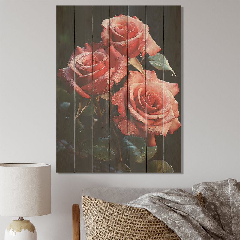 Rétro rose rouge rétro I - roses sur bois, H 32 po x l 24 po