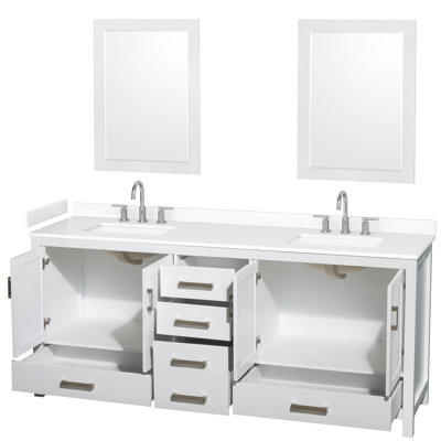 Meuble-lavabo double 80 po Sheffield en gris foncé, comptoir en marbre de culture de Carrare, lavabos carrés encastrés (3 trous), garniture en chrome brossé, miroirs de 24 po