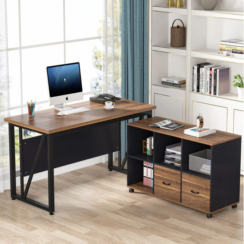 Bureau de direction en L avec classeur mobile, poste de travail spacieux pour le bureau à domicile, mobilier de bureau durable et élégant