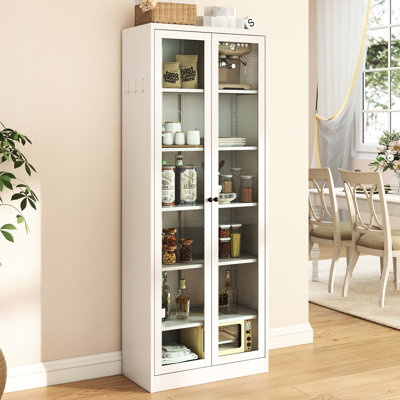 Garde-manger en métal blanc de 72 po de hauteur avec 5 tablettes réglables, des portes en verre à fermeture magnétique, un assemblage rapide, des côtés ventilés, une armoire de rangement idéale pour la cuisine, le garde-manger et la salle de bain