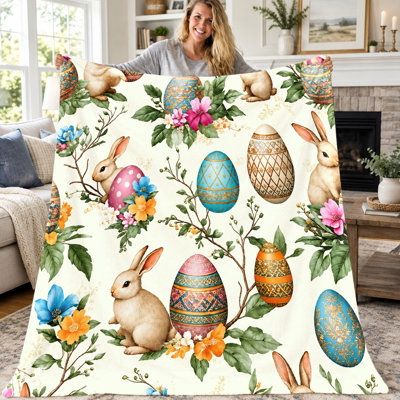 Couverture décorative en flanelle à motif de lapin de Pâques (1 pièce), motif floral printanier, légère et confortable, idéale pour le canapé, le salon, la chambre, les voyages et la décoration intérieure en toutes saisons. Lavable à la machine. Cadeau parfait pour les fêtes.