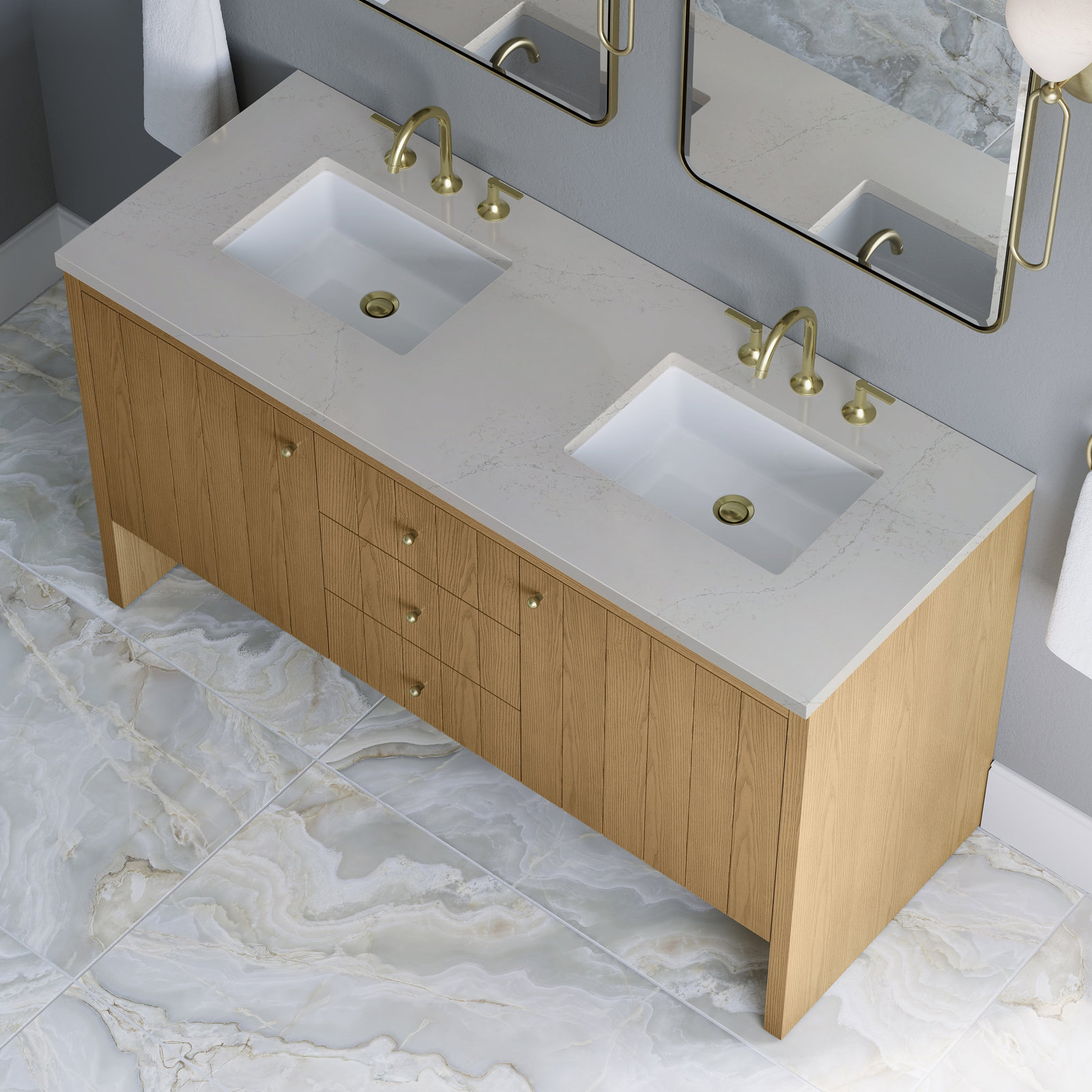Hudson 60'' Double Bathroom Vanity, 8" Widespread, Siberian, Light Natural Oak