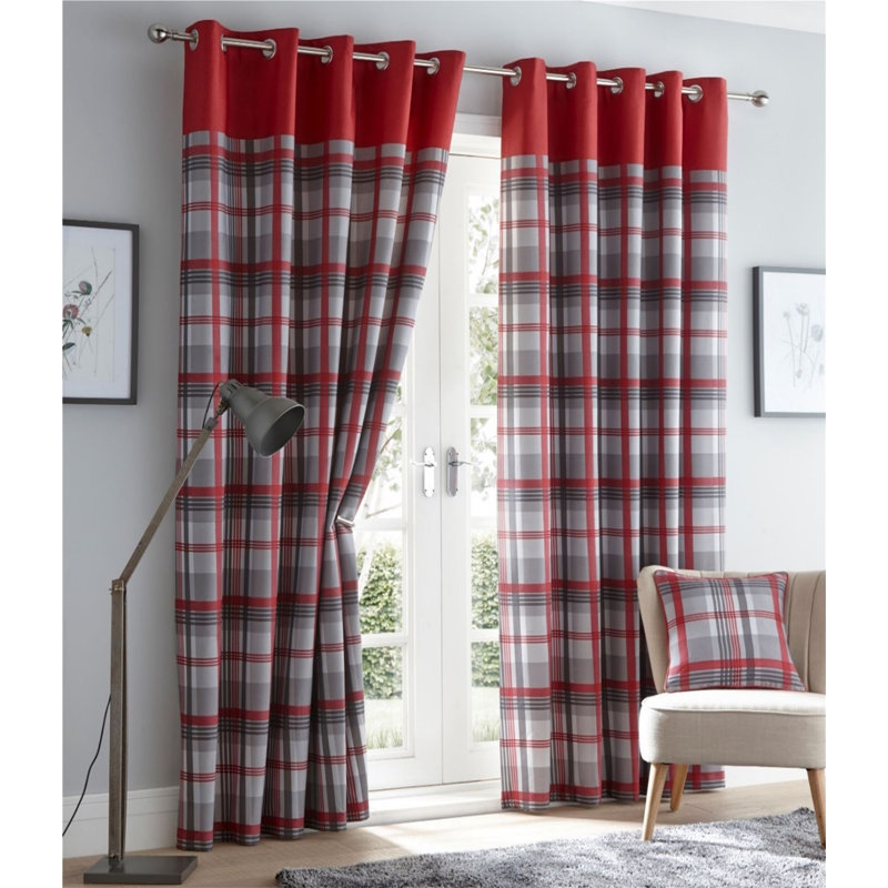 Earlton Orleans Curtains Check Striped Fully Lined Eyelet Ring Top Curtains, 117cm Width x 183cm Drop, Red