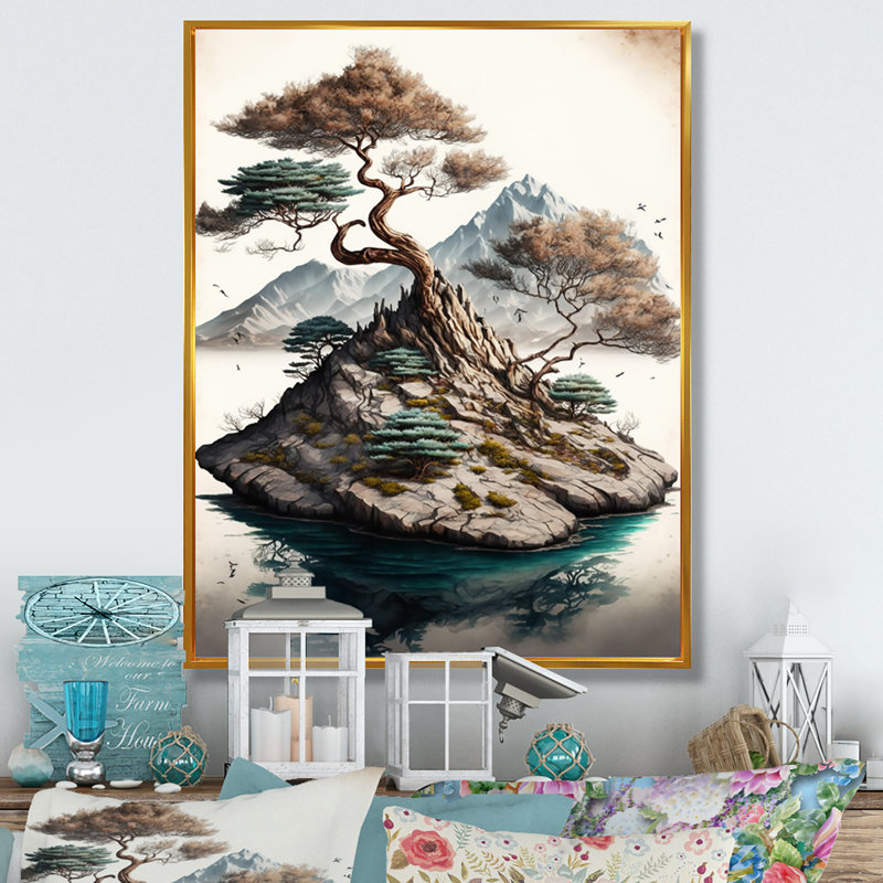 Bonsai Tree On A Rock I - Art mural moderne sur toile, L 12 po x H 20 po, Cadre flottant doré