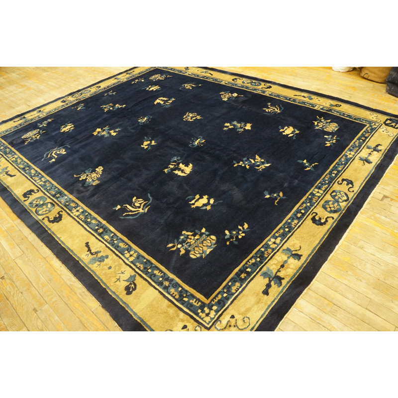 Antique Peking Chinese Floral Beige, Blue Navy 1930s Rug
