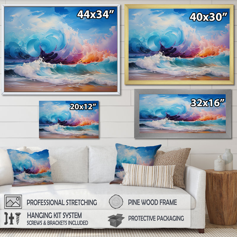 «Vibrant Beach Waves 4» - art mural vagues côtières, H 12 po x l 20 po x P 1 po, Cadre flottant blanc