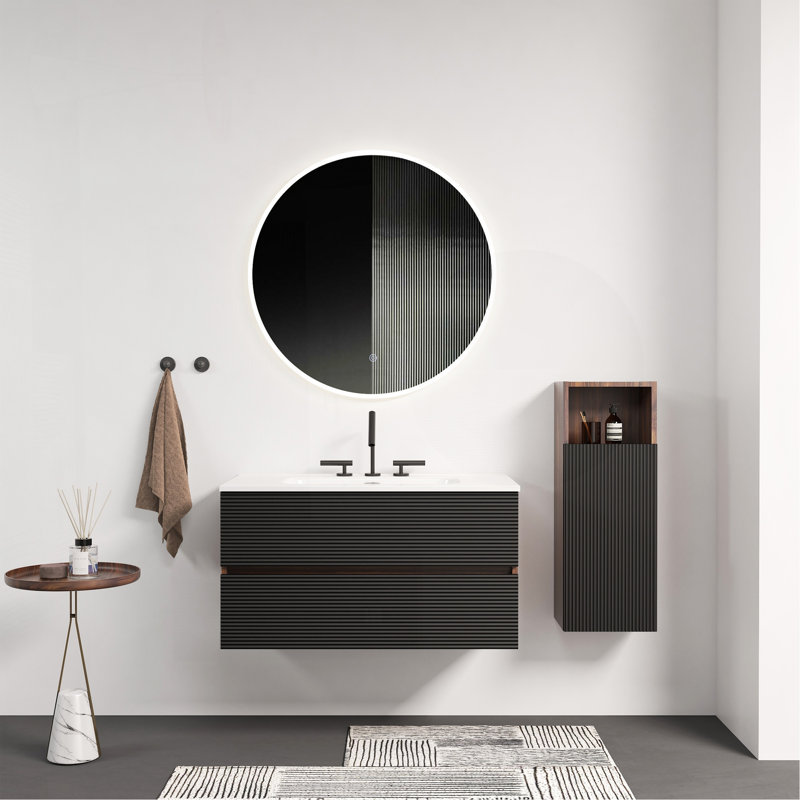 Meuble-lavabo mural noir et noyer 36 po Gloria avec lavabo intégré en céramique à 3 trous, Noir / brun, 36"