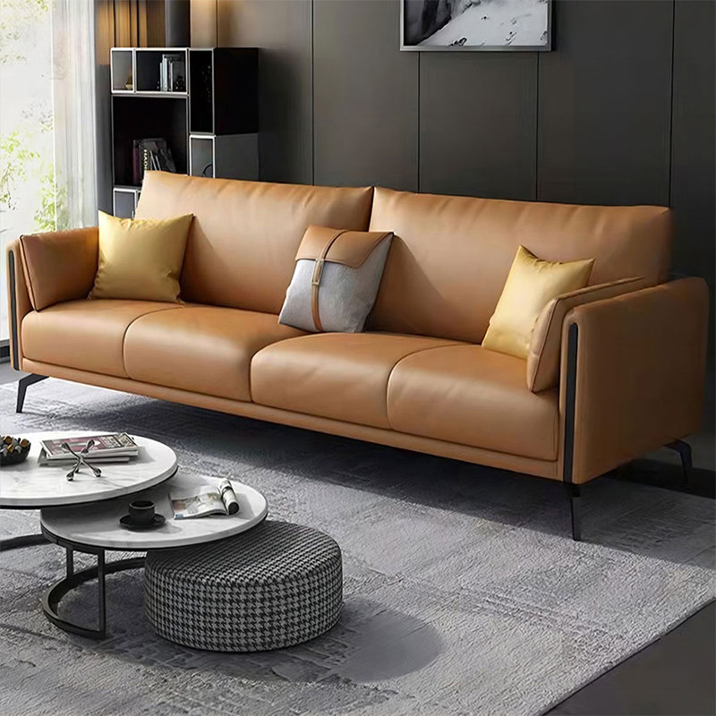 Causeuse coussin orange en cuir véritable, H 33,86 po x l 86,61 po x P 35,43 po, Orange