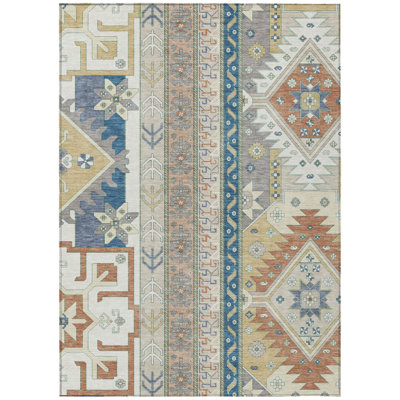 5' X 8' Ivory Blue And Brown Aztec Washable Indoor Outdoor Area Rug