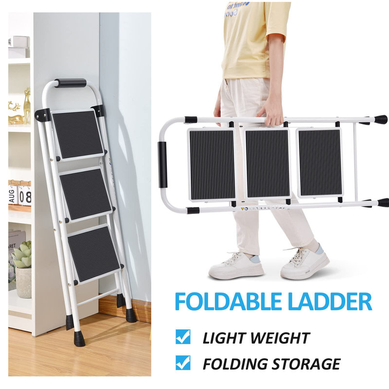 Step Ladder 3 Step Folding With With Anti-Slip And Wide Pedal,Portable Foldable,White, White