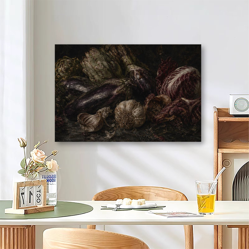 Aubergines, ail et artichauts - Nature morte de légumes rustique sombre, peinture à l'huile sur toile, 20 x 30 po
