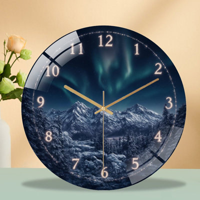 Clock-Face-Winter-Mountains-Aurora Art - 12'' Modern Glass Wall Clock