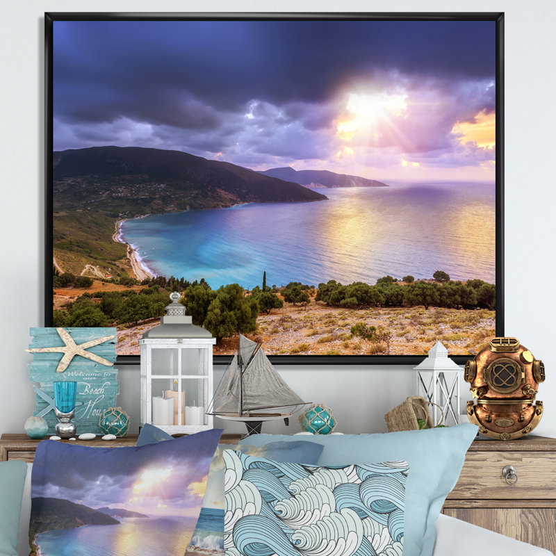 Été coucher de soleil sur la mer - art mural sur toile nautique et côtier, H 32 po x l 16 po x P 1 po, Cadre flottant noir
