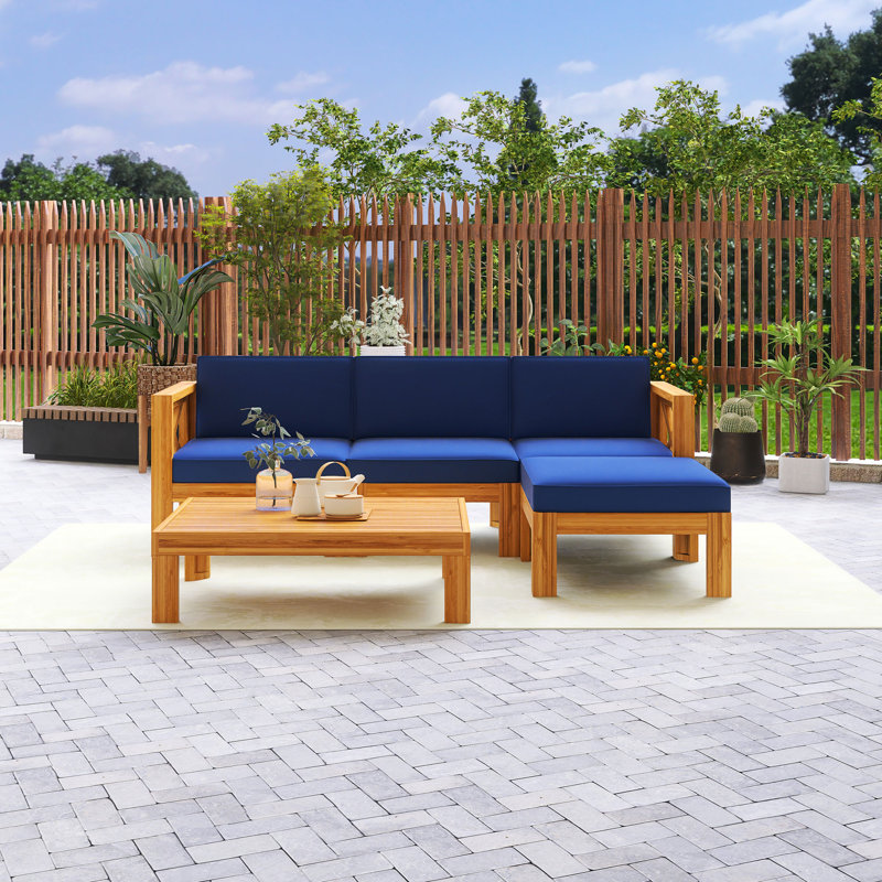 Ensemble 5 pièces de canapés modulaires d'extérieur avec cadre en bois naturel et coussins, Bleu