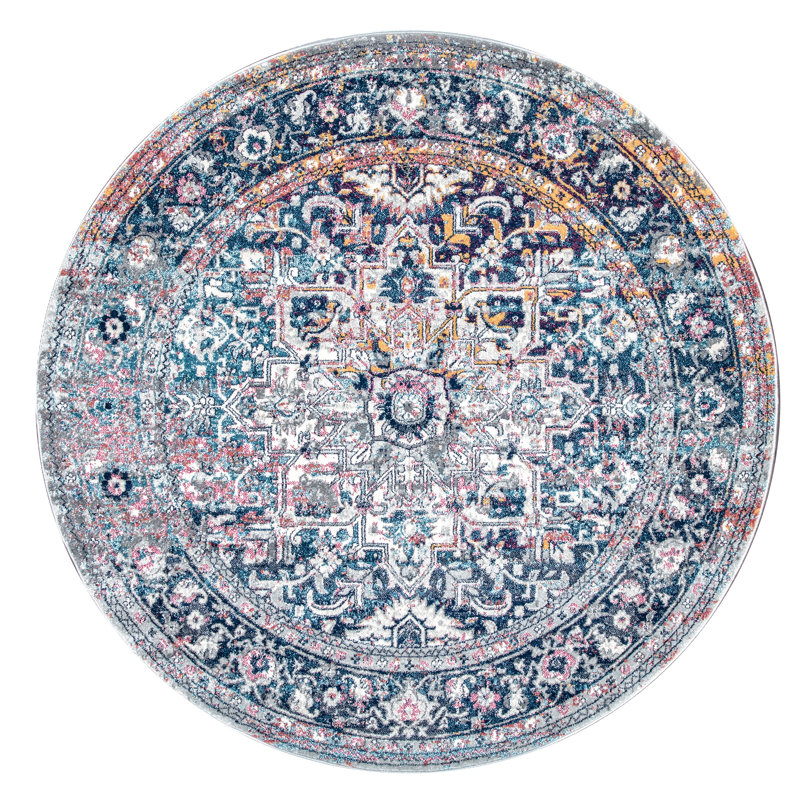 Misi Vintage Medallion Power Loom Blue Rug, Round 8'