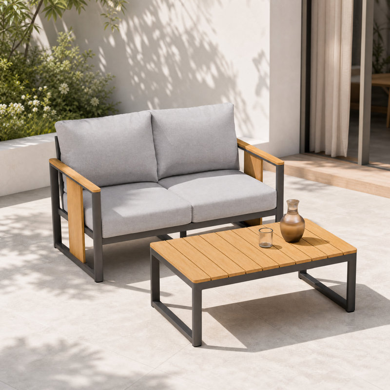 Ensemble de mobilier d'extérieur moderne 2 pièces avec coussins de siège profond et table basse d'appoint en grain de bois clair