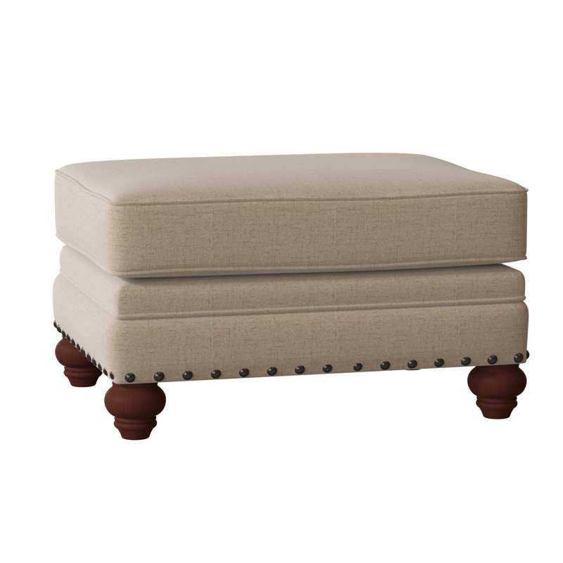 Spratt Upholstered Ottoman, Manhattan, Index 10 White Performance Twill, Dark Brass