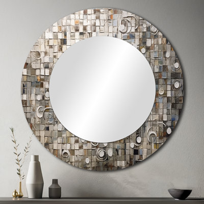 Quency Brown And White Bohemian Medley - Boho Mosaic Wall Mirror, Modern Round Decorative Mirror, Printed Metal Art