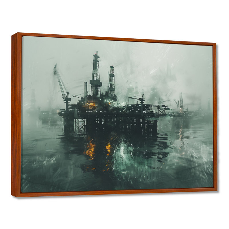 Décoration murale gris et vert Winter Drilling Dynamics Oil Rig II - Oil Rigs / Fields, Toile avec cadre flottant brun