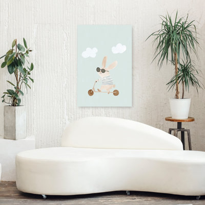 Cool Bunny Scooter Ride Modern Playful Whimsical Rabbit Forest Landscape Wall Art Print 1 Piece Wrapped Canvas Wall Art