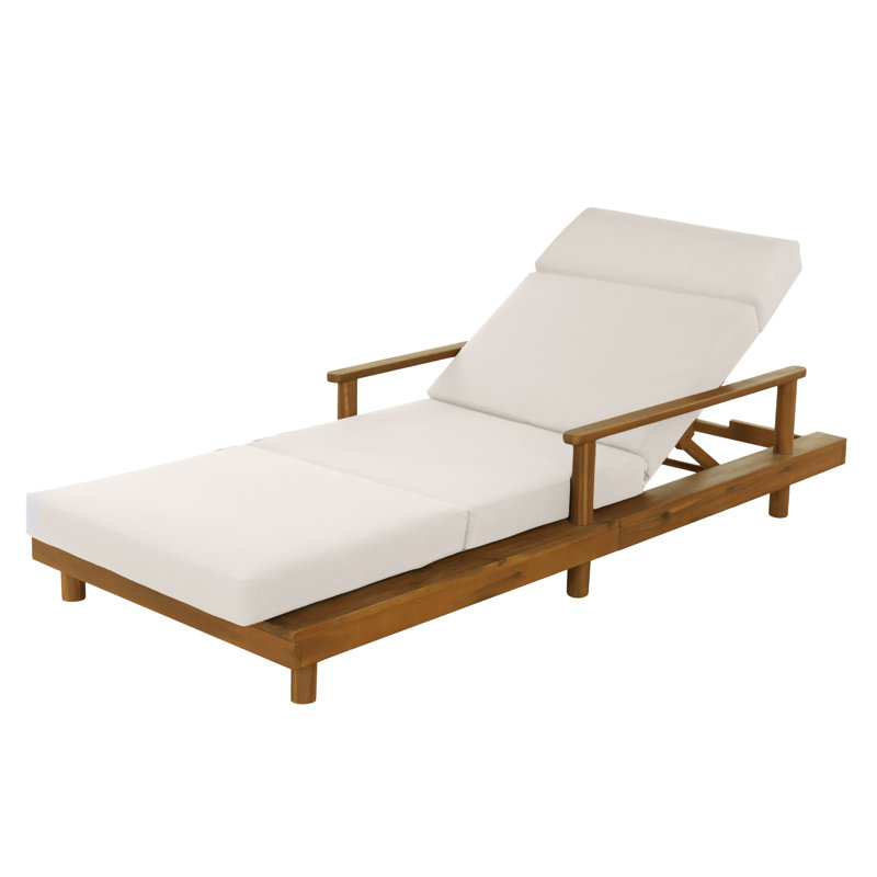 Chaise longue d'extérieur en bois d'acacia Metairie avec dossier et coussin réglables à 3 positions, Crème