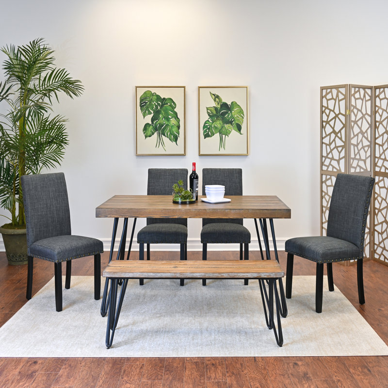 Ensemble de salle à manger 6 pièces, table à manger en épingle à cheveux avec 4 chaises et banc en bois, Gris foncé