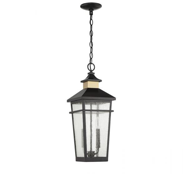 Lanterne suspendue d'extérieur 2 lumières Kingsley en noir mat avec accents laiton chaud