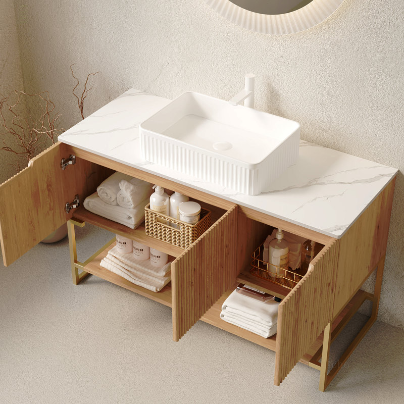 Meuble-lavabo de 48 po avec meuble-lavabo autoportant avec 3 portes et 3 tablettes ouvertes et vasque rectangulaire en céramique
