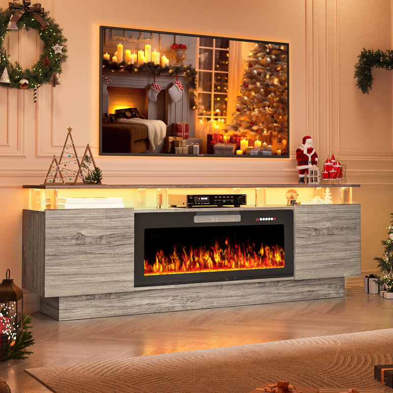 2 Tier High 70" Gloss Tv Stand With Electric Fireplace, Gray/Black
