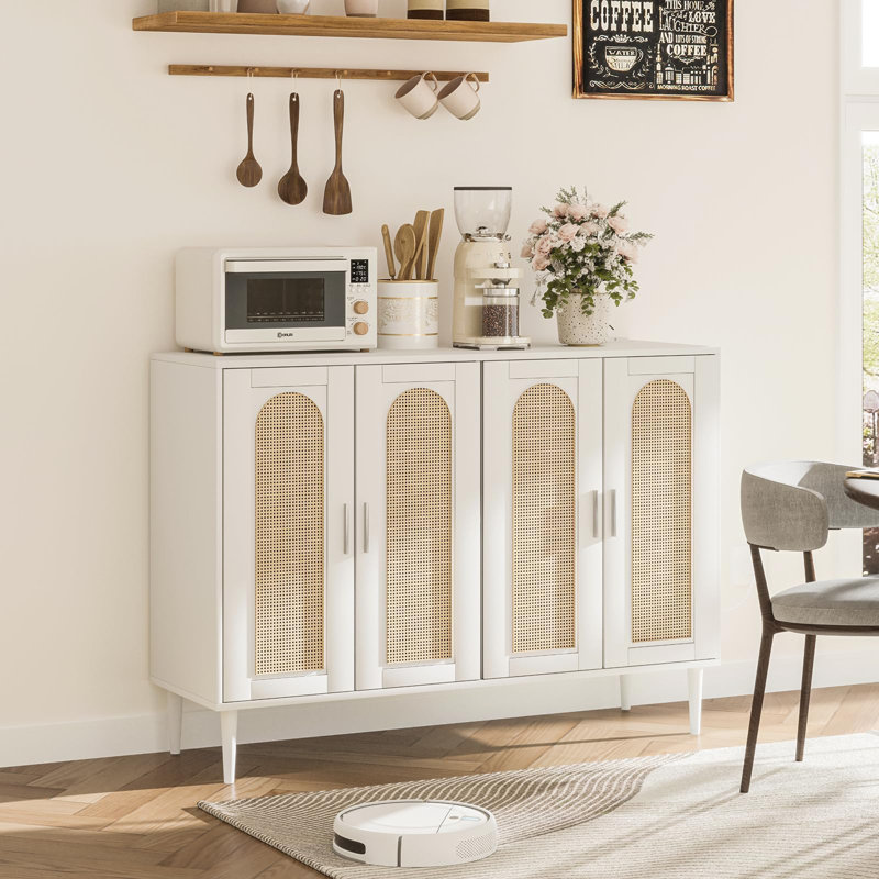 48" Rattan Sideboard Buffet Cabinet With 4 Doors, Adjustable Shelves, Built-In Power Outlet, Versatile Console Table For Kitchen, Dining Room, Living Room