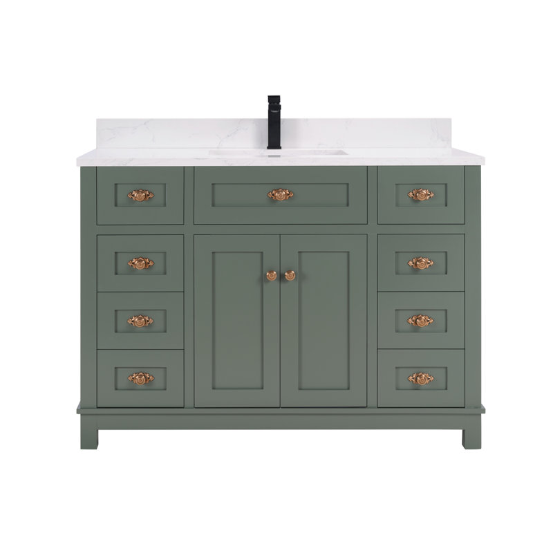 48" Solid Wood Bathroom Vanity with Engineered Stone Top, Single Sink, Pewter Green, Rose Gold