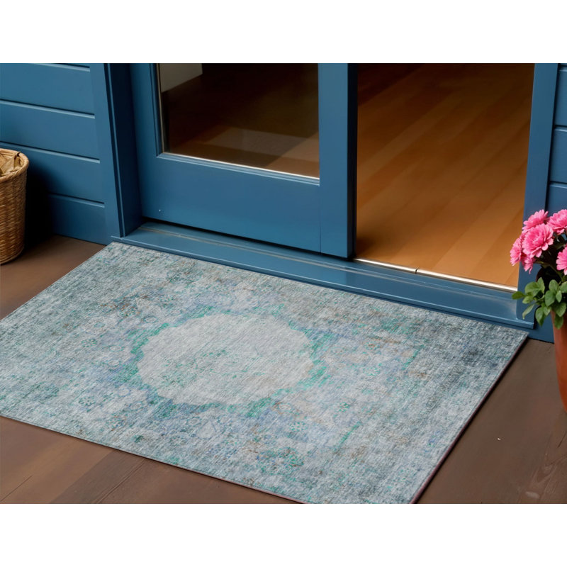 3' X 5' Teal Blue Aqua And Gray Oriental Washable Indoor Outdoor Area Rug
