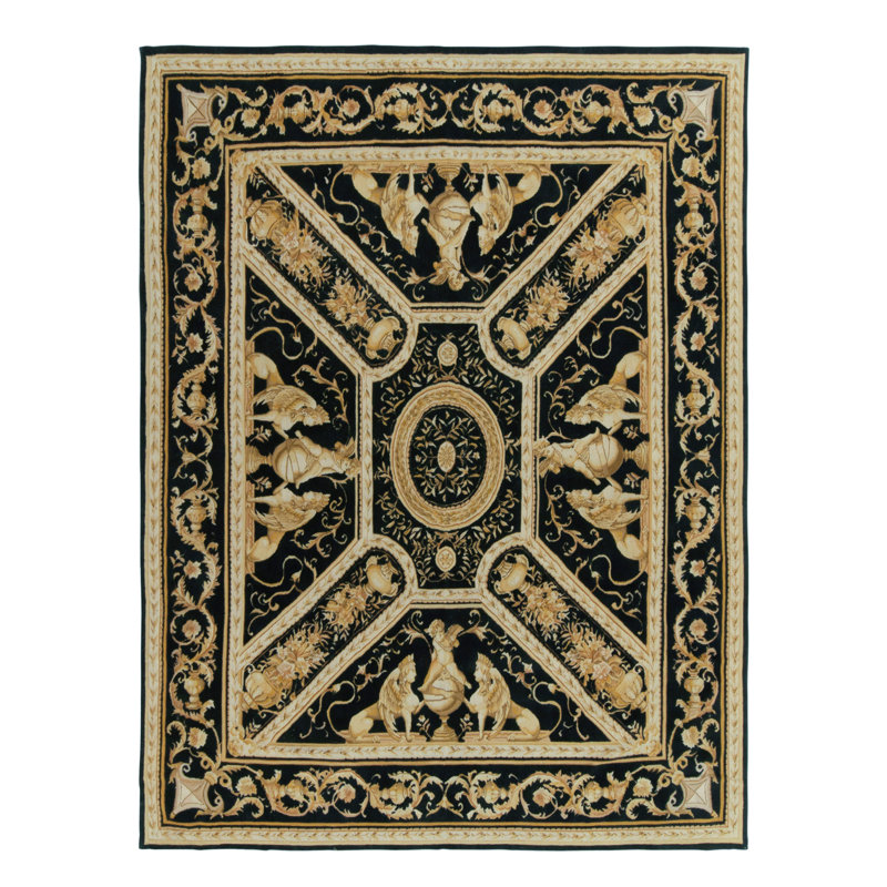 Hand Knotted Wool Area Rug in Black, Gold