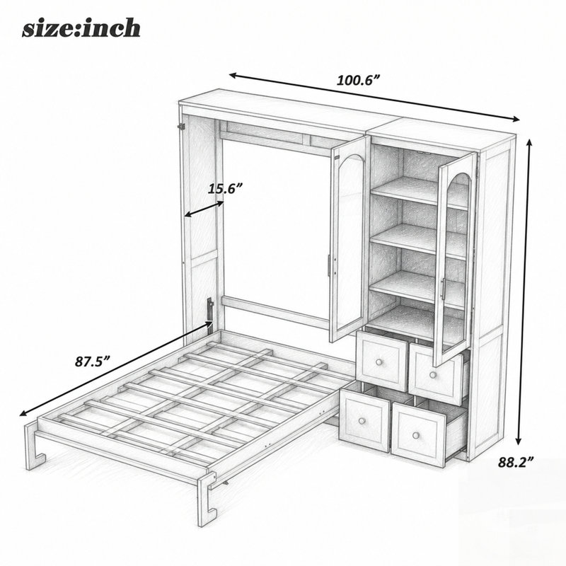 Lit escamotable avec armoire latérale réversible, portes en acrylique, quatre tiroirs et tablettes de rangement multiples pour un rangement optimal et un gain de place.