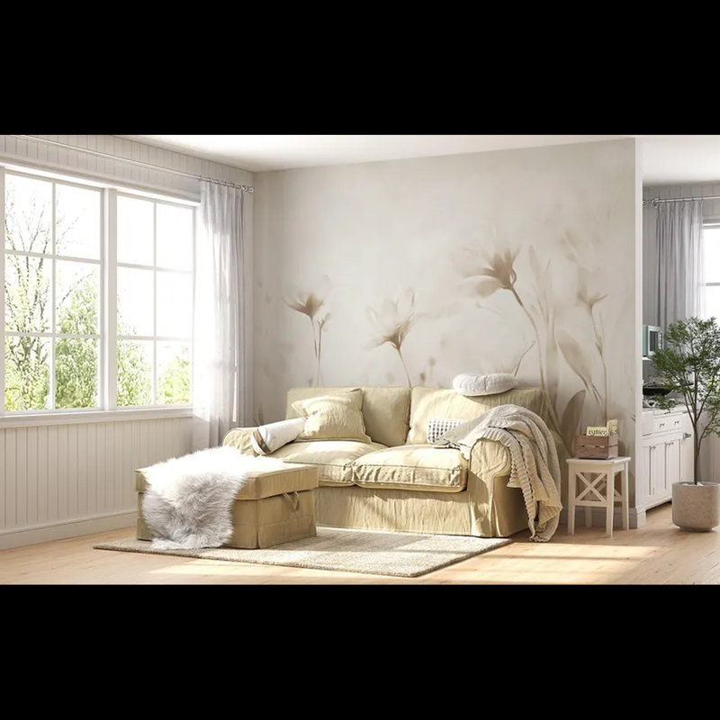 Papier peint floral doux et neutre, L 160 po x l 108 po