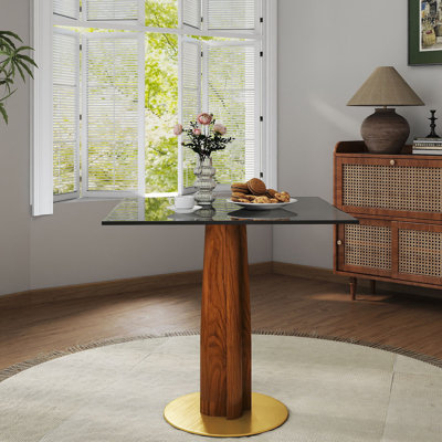 Table de salle à manger moderne carrée, table en verre trempé avec pied et base en bois, table de cuisine pour 2 personnes