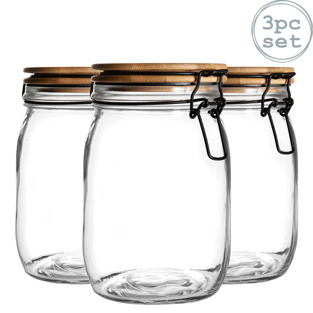 Argon Tableware - Wooden Clip Lid Storage Jars - Black Seal - Set of 3