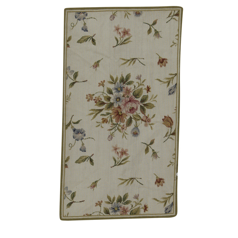 Wool Floral Area Rug in Taupe/Green/Pink