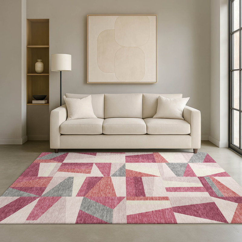 Tapis géométrique de qualité supérieure lavable à la machine Mayfield, Rosé, 10 pi x 14 pi