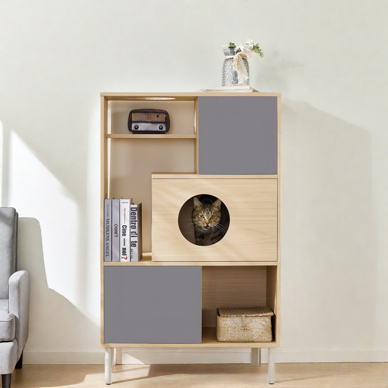 Modern Cat Bookcase Cat Tree Shelves With Storage Shelves And 2 Cabinets