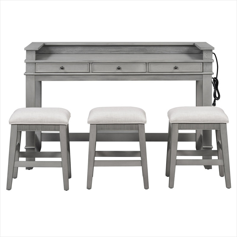 Ensemble de table de salle à manger avec 3 tabourets pour petits espaces, bois massif gris froid et panneau de fibres à densité moyenne, table de bar rectangulaire 53,1 po avec port de chargement et tiroirs de rangement