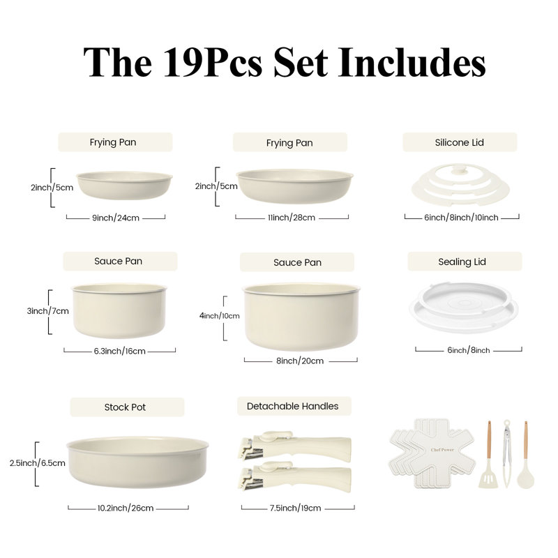 Chef Power 19pcs Ceramic Nonstick Pots and Pans Set, Cookware Sets Detachable Handle