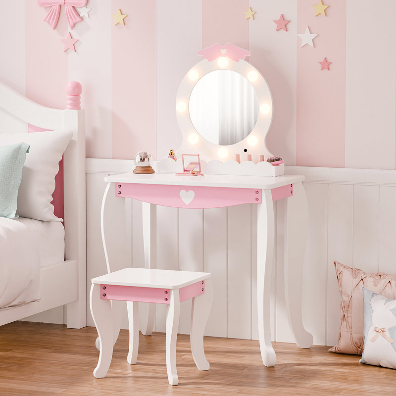 Ensemble de coiffeuse pour enfants avec miroir lumineux et tabouret, Blanc