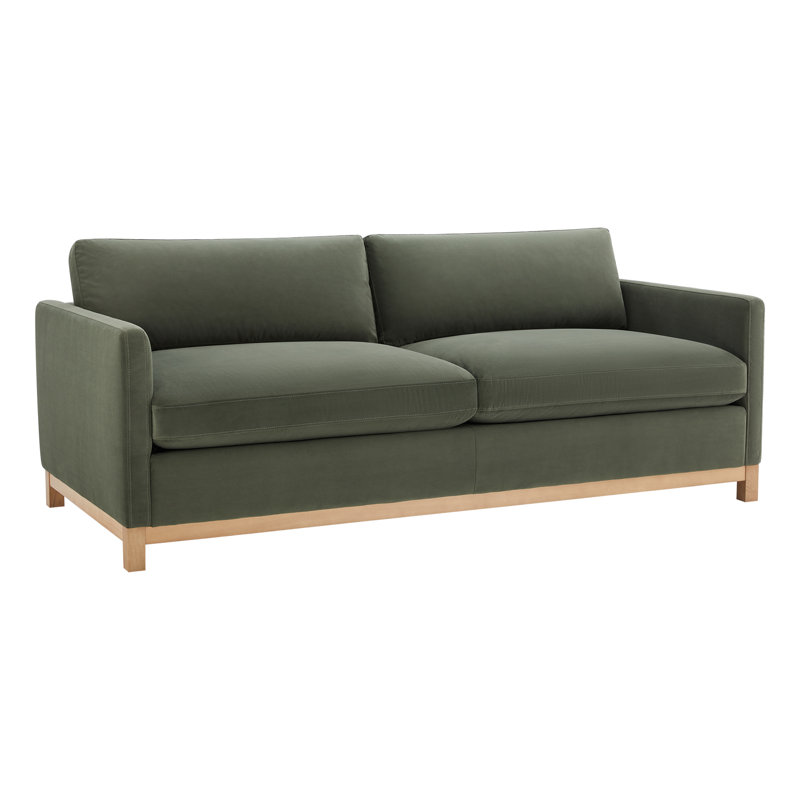 Canapé rembourré Liz, Velours performance olivine Soren, Bois naturel, H 32,28 po x l 84,25 po x P 39,37 po