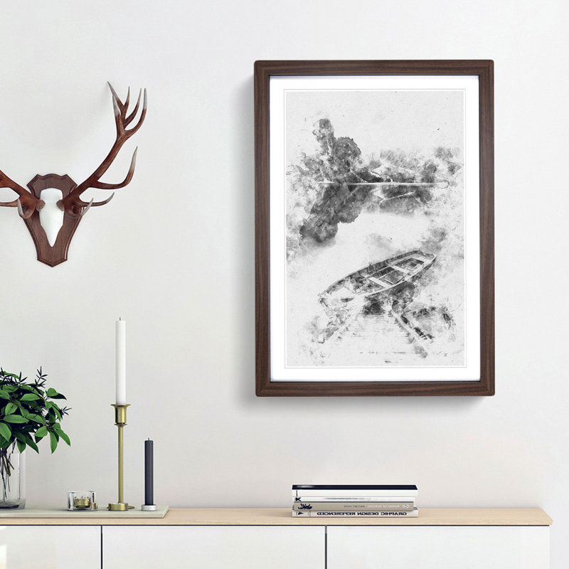 Docked Rowing Boat In The Mountains Watercolour - Picture Frame Graphic Art, Walnut Framed, 87cm H x 62cm W x 2cm D