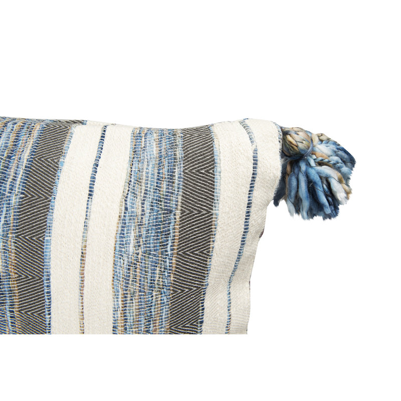 Modern Blue & Grey Striped Cotton Blend Lumbar Pillow with Tassels, 36" x 16"