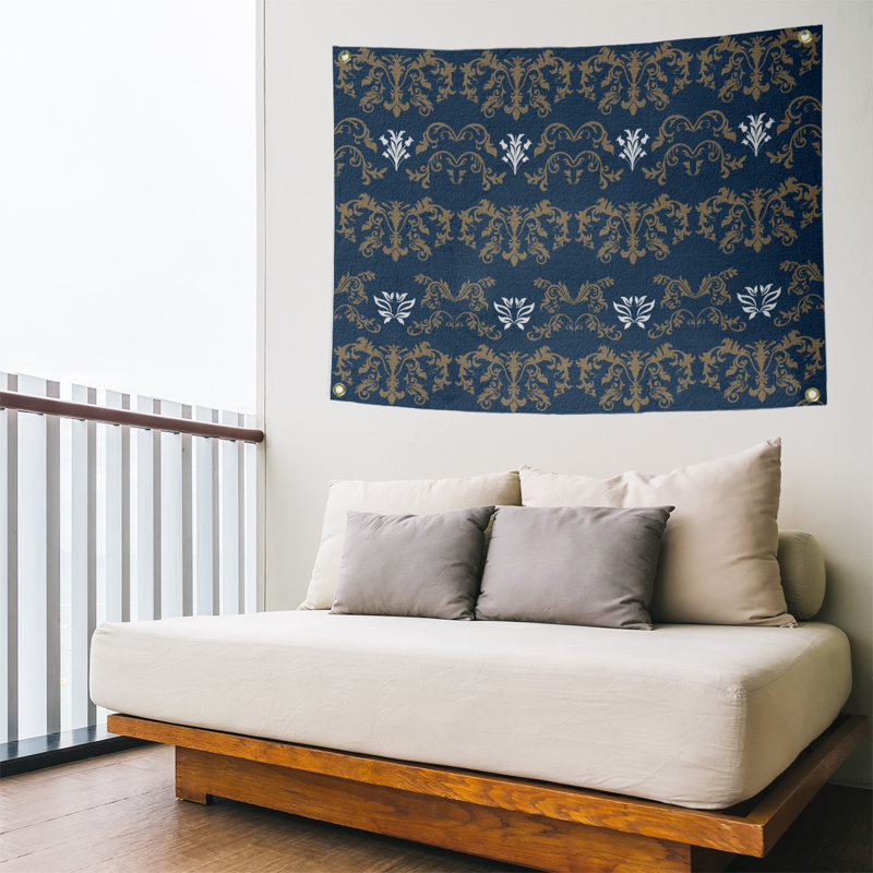 Tapisserie baroque en polyester polyester St Louis, H 59 po x l 80 po, Bleu marine / brun / blanc