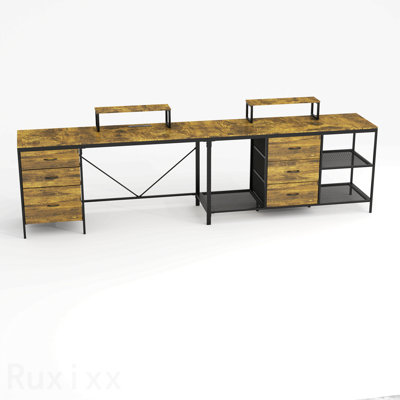 Bureau en L 114 po avec concentrateur électrique, bureau de jeu industriel - 6 tiroirs, support pour écran amovible, bureau rustique brun