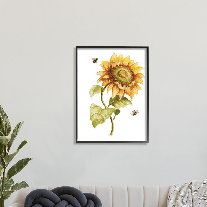 Minimal tournesol floral abeilles en vol - Peinture, Giclée encadrée noir minuit, H 30 po x l 24 po x l 1,5 po