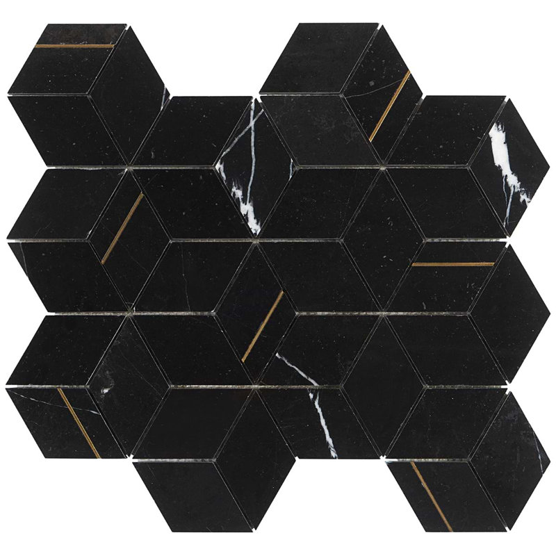 Morgana 11x14 Hex Cube Polished Marble and Brass Inlay Mosaic Tile, Nero